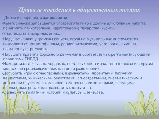 Правила поведения в общественных местах Детям и подросткам запрещается: Категорически