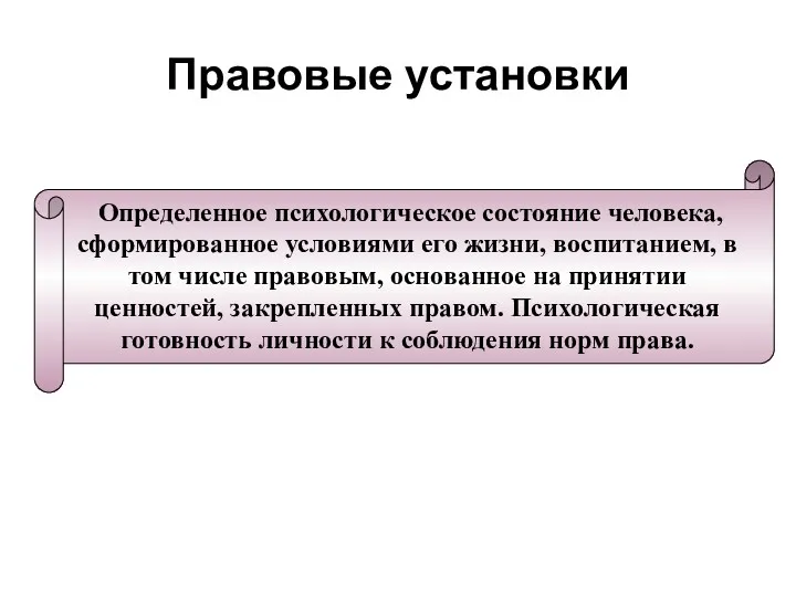 Правовые установки Определенное психологическое состояние человека, сформированное условиями его жизни,