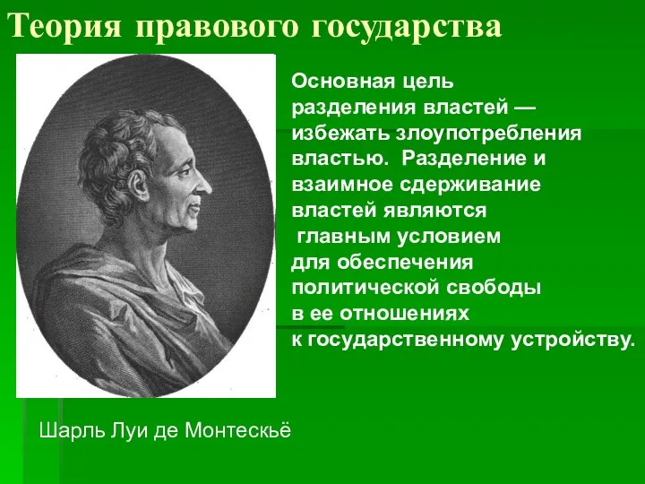 Теория правового государства Иммануил Кант Шарль Луи де Монтескьё Основная