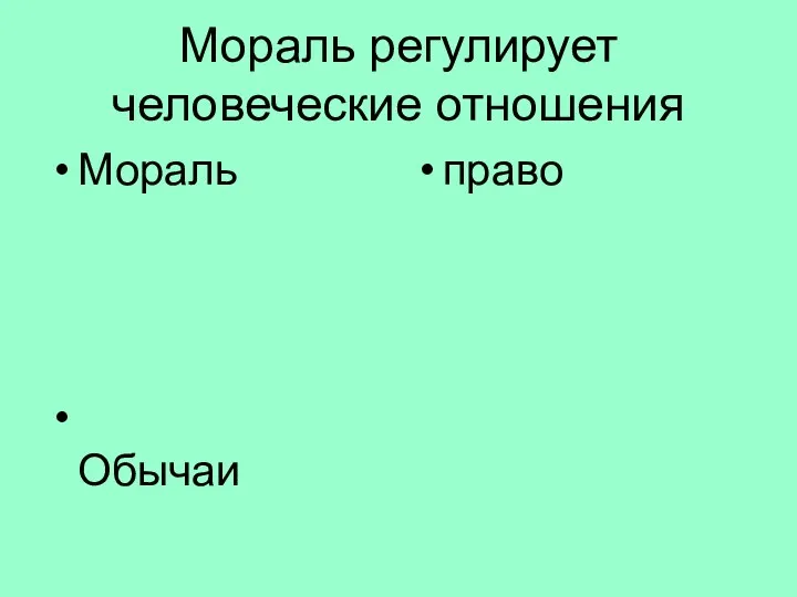 Мораль регулирует человеческие отношения Мораль Обычаи право