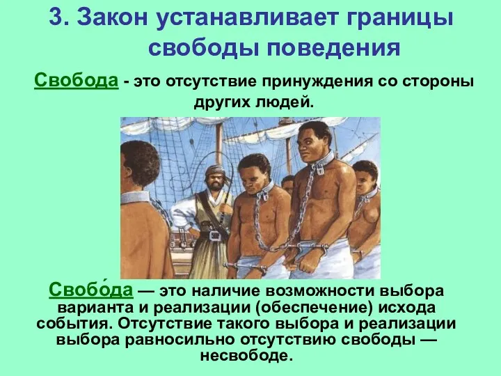 3. Закон устанавливает границы свободы поведения Свобода - это отсутствие принуждения со стороны