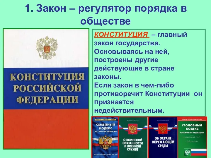 1. Закон – регулятор порядка в обществе КОНСТИТУЦИЯ – главный закон государства. Основываясь