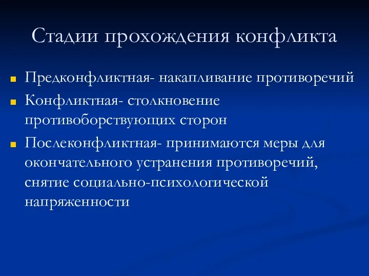 Стадии прохождения конфликта Предконфликтная- накапливание противоречий Конфликтная- столкновение противоборствующих сторон