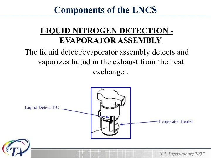 Components of the LNCS LIQUID NITROGEN DETECTION - EVAPORATOR ASSEMBLY