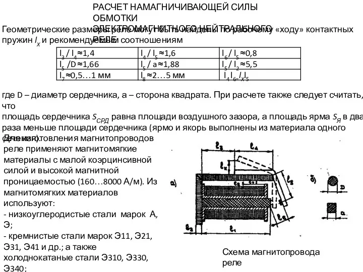 РАСЧЕТ НАМАГНИЧИВАЮЩЕЙ СИЛЫ ОБМОТКИ ЭЛЕКТРОМАГНИТНОГО НЕЙТРАЛЬНОГО РЕЛЕ Геометрические размеры реле