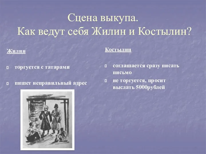 Сцена выкупа. Как ведут себя Жилин и Костылин? Жилин торгуется