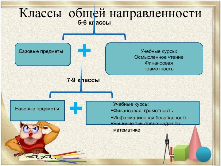 Классы общей направленности Учебные курсы: Финансовая грамотность Информационная безопасность Решение текстовых задач по