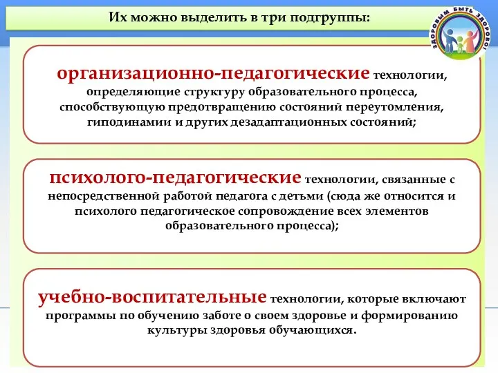 Их можно выделить в три подгруппы: организационно-педагогические технологии, определяющие структуру