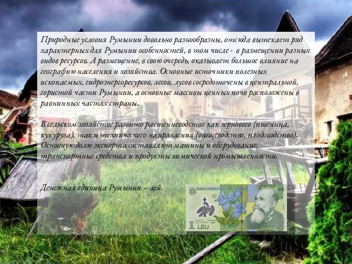 Природные условия Румынии довольно разнообразны, отсюда вытекает ряд характерных для