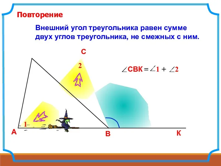 Внешний угол треугольника равен сумме двух углов треугольника, не смежных