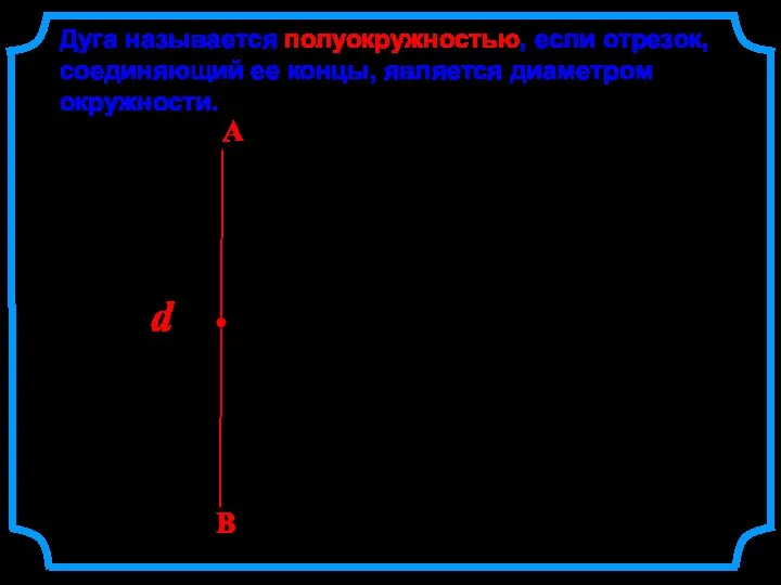 Дуга называется полуокружностью, если отрезок, соединяющий ее концы, является диаметром окружности.