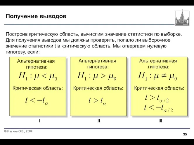 Получение выводов Построив критическую область, вычислим значение статистики по выборке.