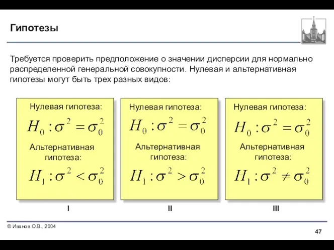 Гипотезы Требуется проверить предположение о значении дисперсии для нормально распределенной