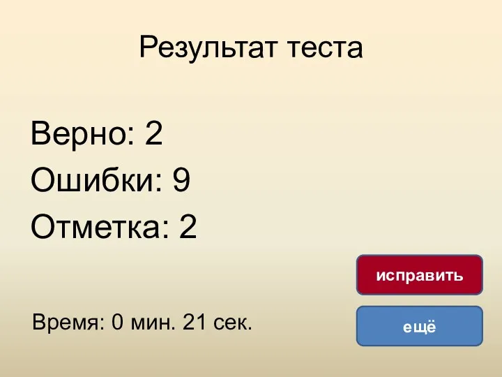 Результат теста Верно: 2 Ошибки: 9 Отметка: 2 Время: 0 мин. 21 сек. ещё исправить