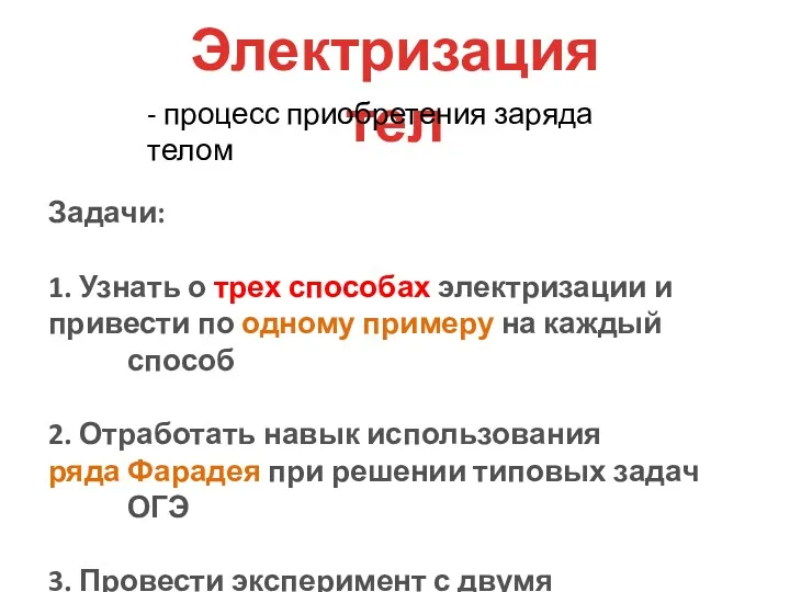 Электризация тел Задачи: 1. Узнать о трех способах электризации и