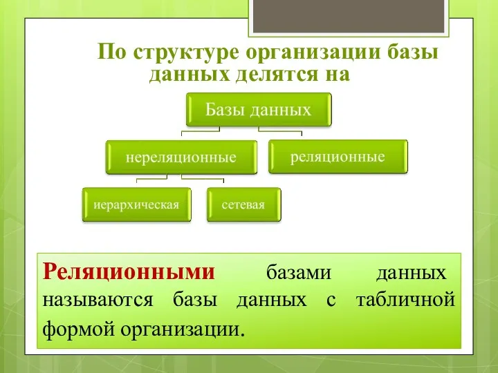 По структуре организации базы данных делятся на Реляционными базами данных