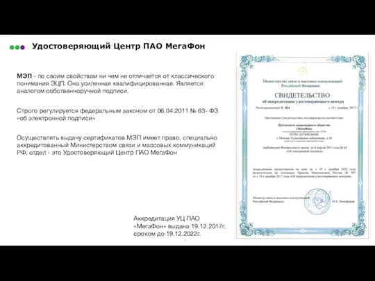 Удостоверяющий Центр ПАО МегаФон Аккредитация УЦ ПАО «МегаФон» выдана 19.12.2017г.