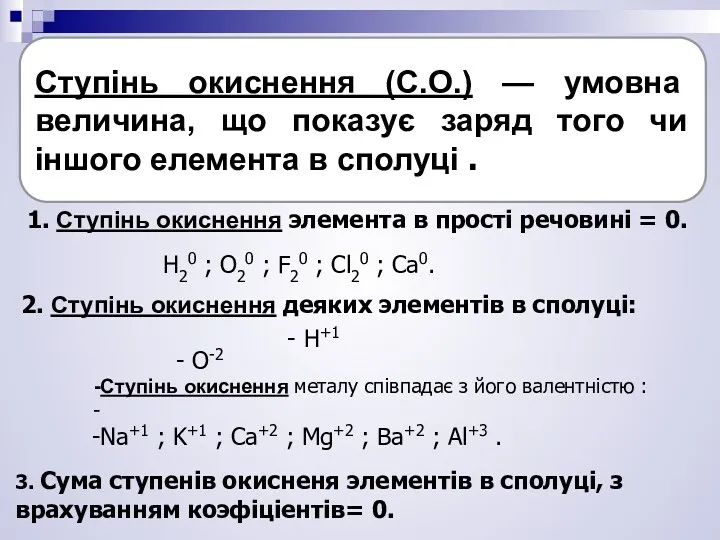 Ступінь окиснення (С.О.) — умовна величина, що показує заряд того