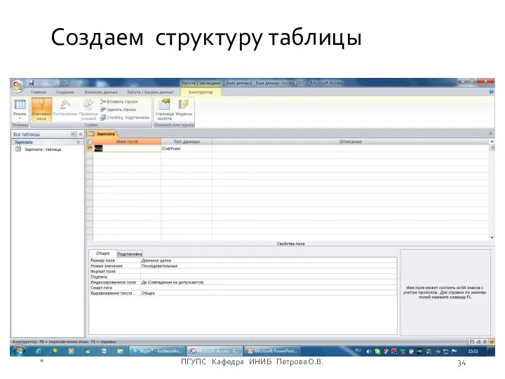 Создаем структуру таблицы * ПГУПС Кафедра ИНИБ Петрова О.В.