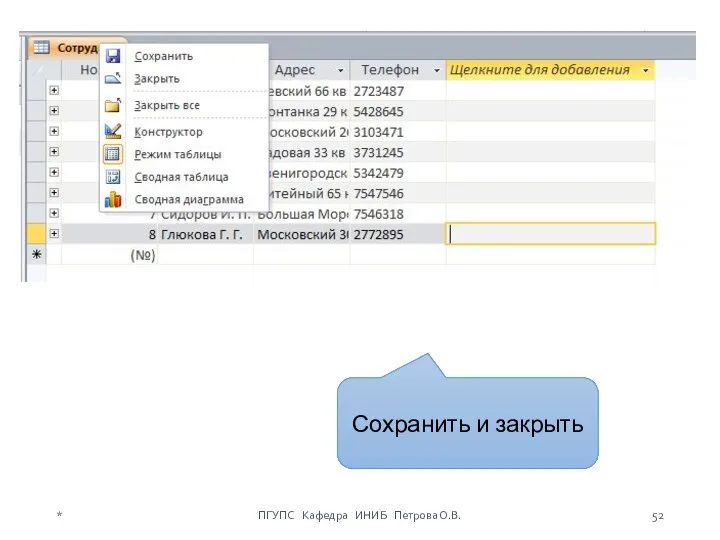 Сохранить и закрыть * ПГУПС Кафедра ИНИБ Петрова О.В.
