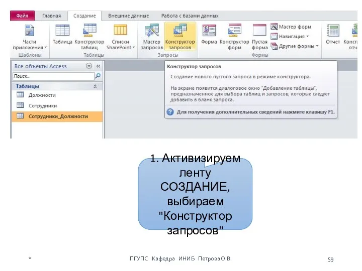 1. Активизируем ленту СОЗДАНИЕ, выбираем "Конструктор запросов" * ПГУПС Кафедра ИНИБ Петрова О.В.