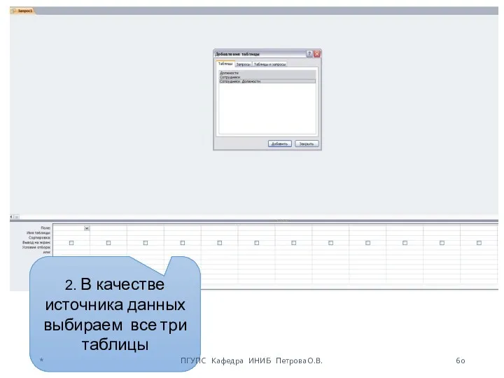 2. В качестве источника данных выбираем все три таблицы * ПГУПС Кафедра ИНИБ Петрова О.В.