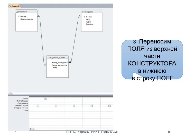 3. Переносим ПОЛЯ из верхней части КОНСТРУКТОРА в нижнюю в