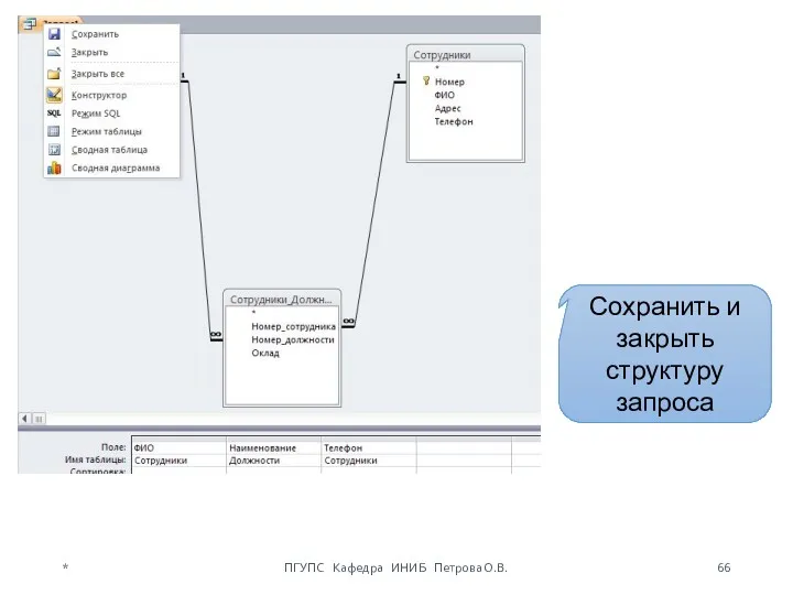 Сохранить и закрыть структуру запроса * ПГУПС Кафедра ИНИБ Петрова О.В.