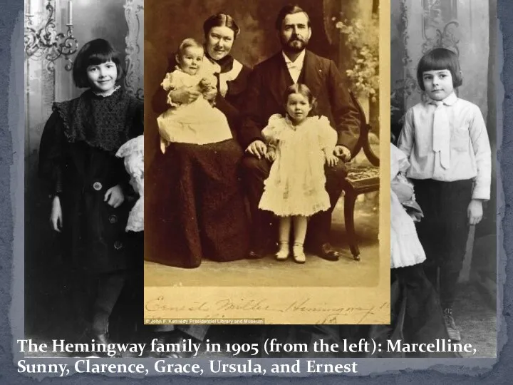 The Hemingway family in 1905 (from the left): Marcelline, Sunny, Clarence, Grace, Ursula, and Ernest