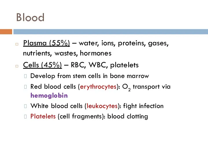 Blood Plasma (55%) – water, ions, proteins, gases, nutrients, wastes,