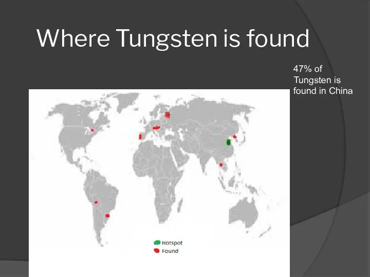 Where Tungsten is found 47% of Tungsten is found in China