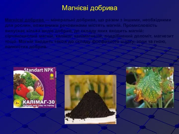 Магнієві добрива Магнієві добрива — мінеральні добрива, що разом з