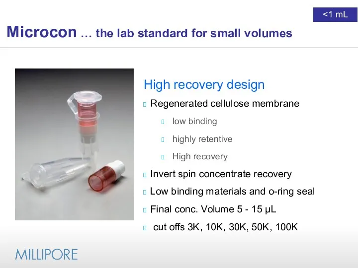 Microcon … the lab standard for small volumes High recovery