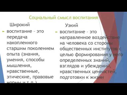 Социальный смысл воспитания Широкий воспитание – это передача накопленного старшим