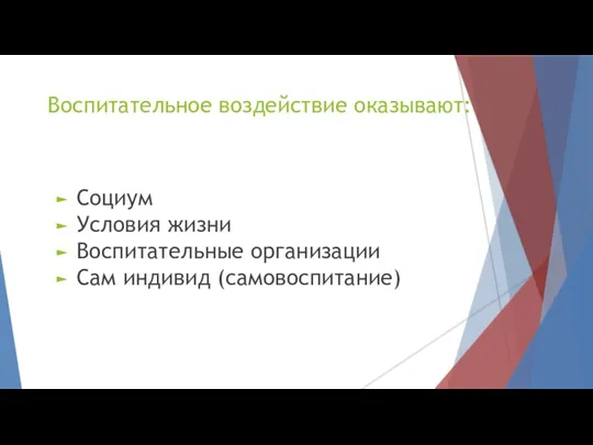 Воспитательное воздействие оказывают: Социум Условия жизни Воспитательные организации Сам индивид (самовоспитание)