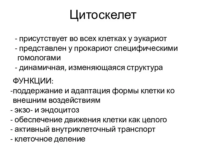 Цитоскелет присутствует во всех клетках у эукариот представлен у прокариот