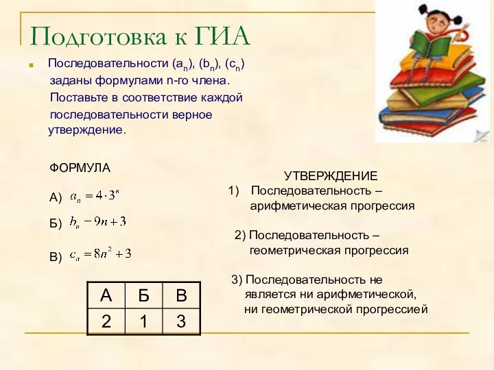 Подготовка к ГИА Последовательности (an), (bn), (cn) заданы формулами n-го