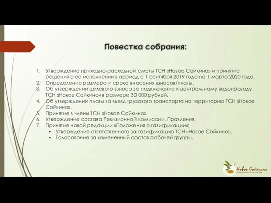 Повестка собрания: Утверждение приходно-расходной сметы ТСН «Новое Сойкино» и принятие