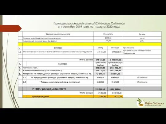 Приходно-расходной смета ТСН «Новое Сойкино» с 1 сентября 2019 года по 1 марта 2020 года.