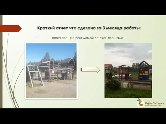 Краткий отчет что сделано за 3 месяца работы: Произведен ремонт малой детской площадки