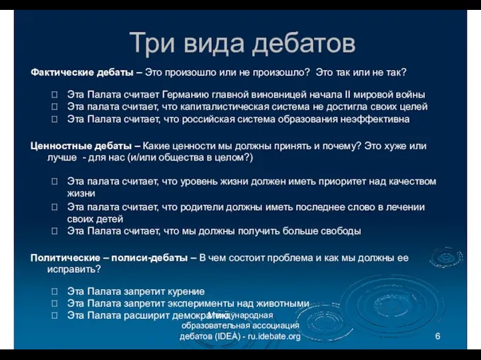 Три вида дебатов Международная образовательная ассоциация дебатов (IDEA) - ru.idebate.org