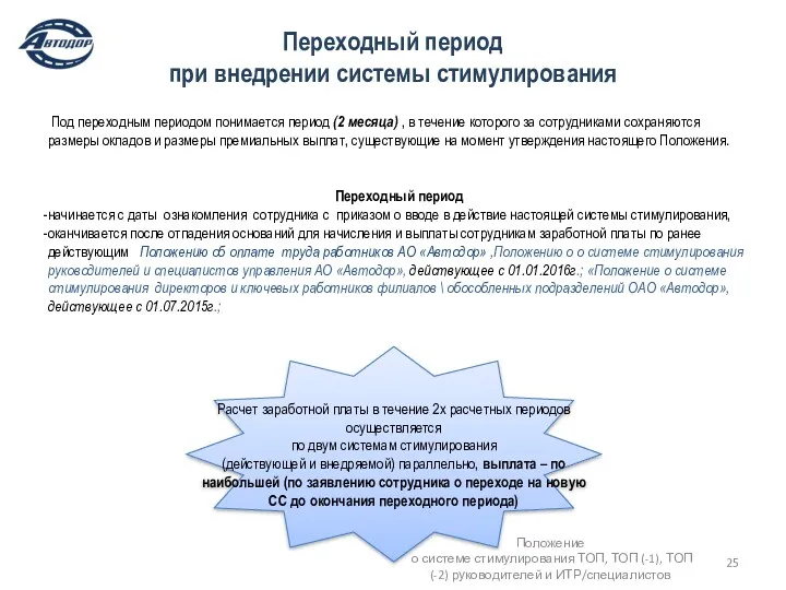 Переходный период при внедрении системы стимулирования Под переходным периодом понимается