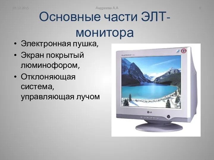 Основные части ЭЛТ-монитора Электронная пушка, Экран покрытый люминофором, Отклоняющая система, управляющая лучом 05.12.2015 Андреева А.А