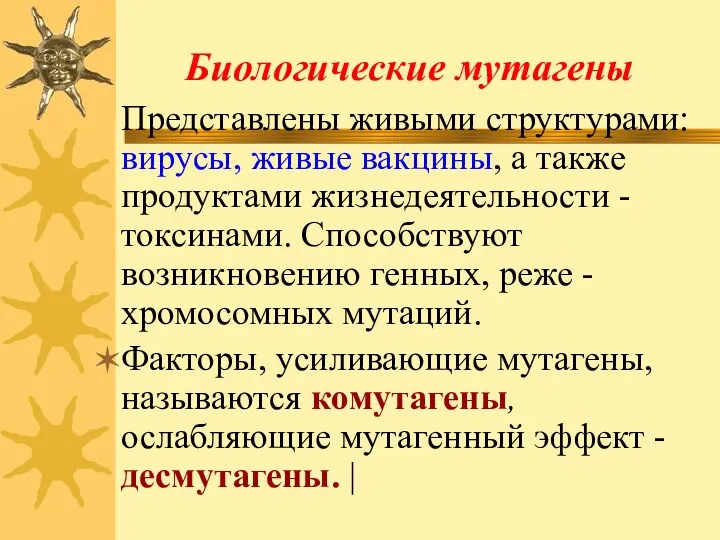 Биологические мутагены Представлены живыми структурами: вирусы, живые вакцины, а также