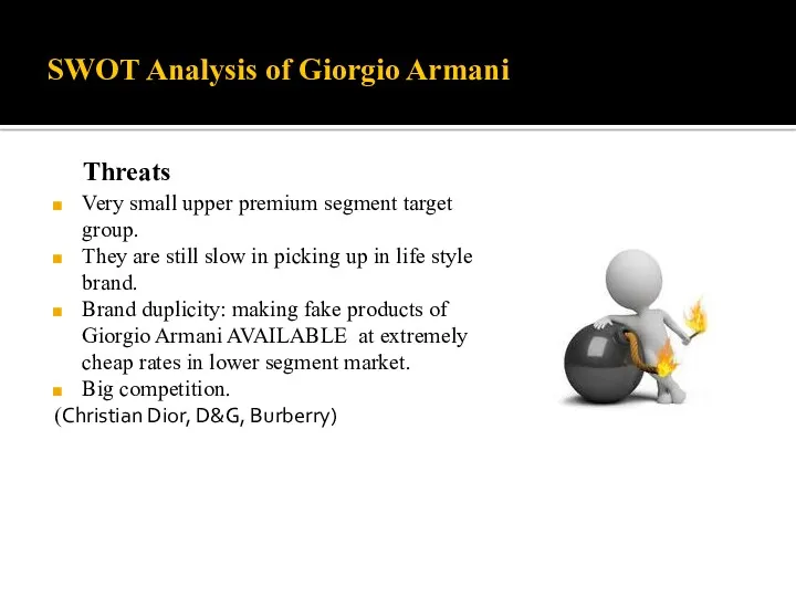 SWOT Analysis of Giorgio Armani Threats Very small upper premium