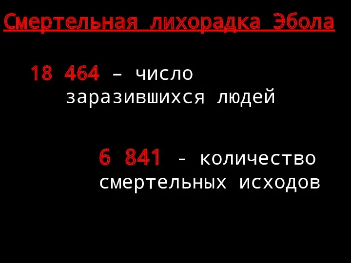 18 464 – число заразившихся людей 6 841 - количество смертельных исходов Смертельная лихорадка Эбола