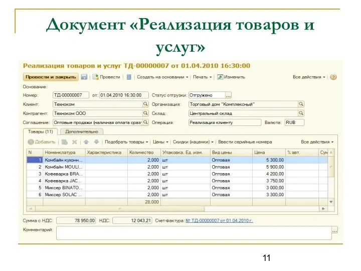 Документ «Реализация товаров и услуг»