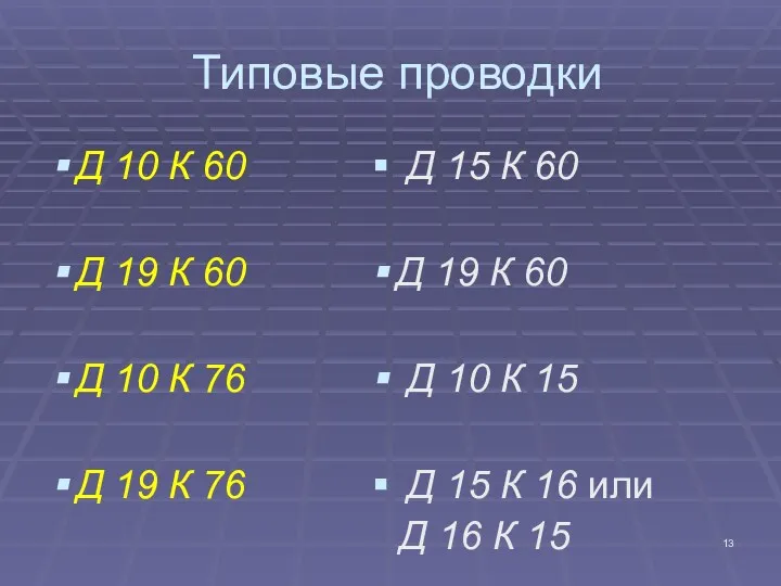 Типовые проводки Д 10 К 60 Д 19 К 60