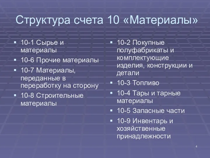 Структура счета 10 «Материалы» 10-1 Сырье и материалы 10-6 Прочие