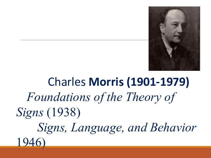 Charles Morris (1901-1979) Foundations of the Theory of Signs (1938) Signs, Language, and Behavior 1946)